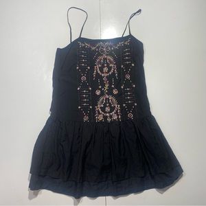 JMM Black Embroidered Silk & Cotton Ruffle Bottom Spaghetti Strap Dress